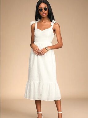 Lulu’s Fairytale Feeling White Eyelet Tie-Strap Tiered Midi Dress